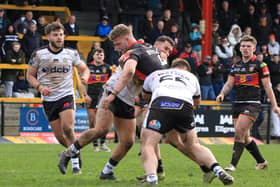 Action from Dewsbury Rams' defeat at home to Widnes Vikings who are kept off top spot by Wakefield Trinity who won at Doncaster. Photo by Thomas Fynn.