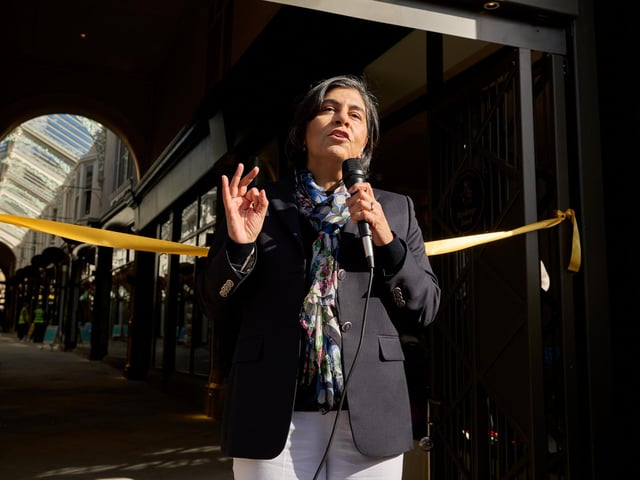 Dewsbury-born Baroness Sayeeda Warsi says a few words before cutting the ribbon.