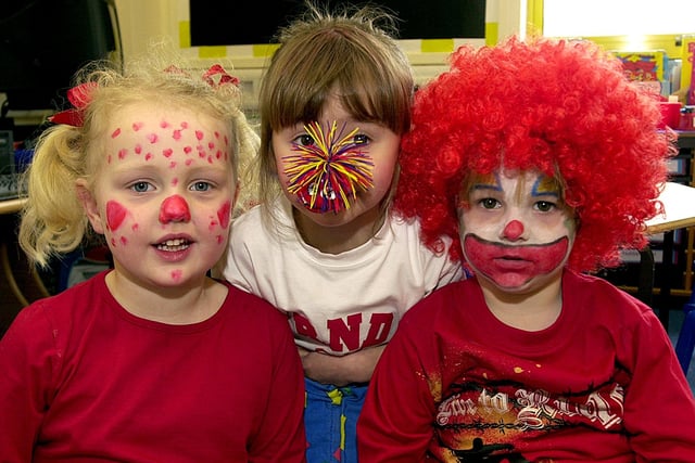 Ellie Batty, Jodie Ramsden and Billy Wells helped raise funds for Red Nose Day in the afternoon nursery class at Battyeford School in 2005