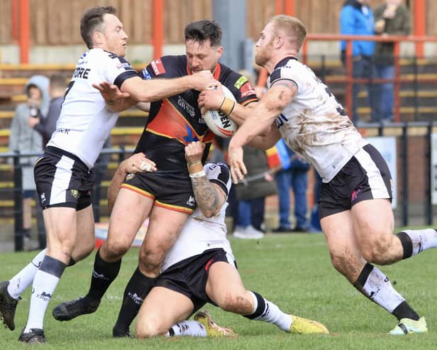 Matt Garside, seen here in action against Widnes Vikings earlier this year, scored a hat-trick against Dewsbury Rams' Sunday's opponents, Doncaster, last season. Photo by Thomas Fynn.