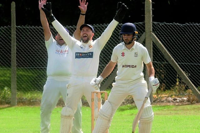 Woodlands batsman Kieran Collins looks worried as Townville keeper Liam Booth and slip Nick Bresnan appeal unsuccessfully.