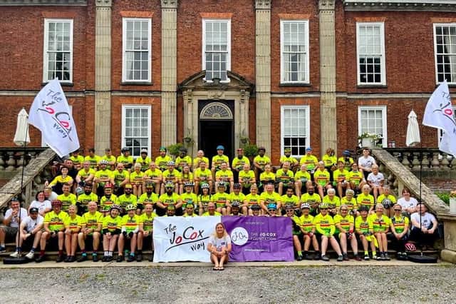 The Jo Cox Way riders in a superb team photo for the 2023 event, pictured here in Market Bosworth, Leicestershire