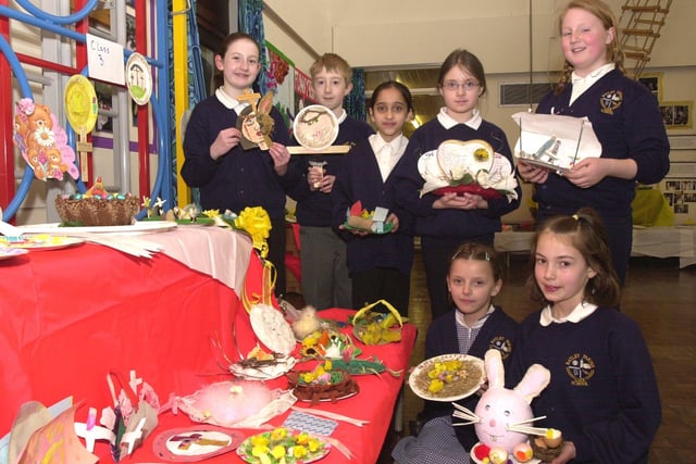 Pupils at Batley Parish School with plates they decorated for Easter in 2003.