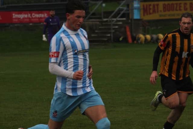 Harvey Coates strides on with the ball in Liversedge's narrow defeat to Morpeth Town. Picture: Alexander Murphy
