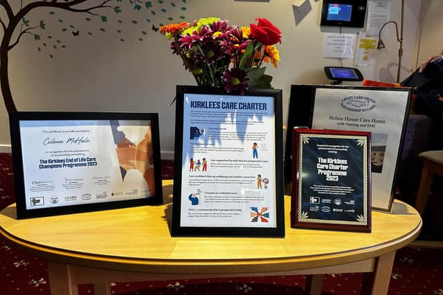 The awards and certificates received by Holme House Care Home after successfully meeting the standards in the Kirklees Care Charter Programme 2023.