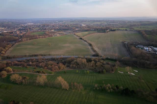 An aerial view of the proposed Amazon warehouse site near Cleckheaton. Photo: jwgolfphotography.com
