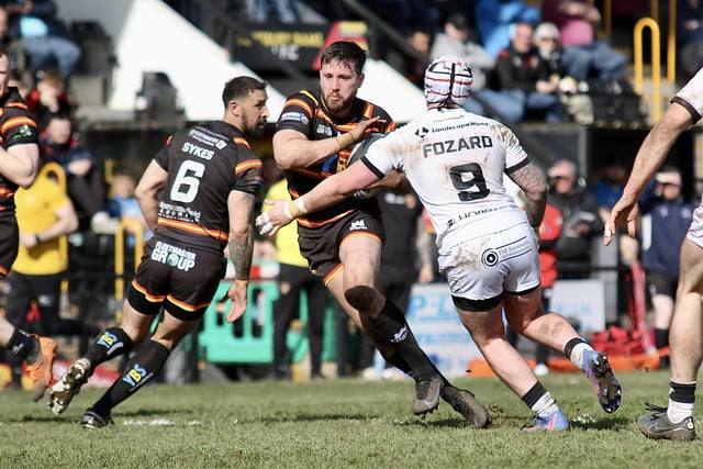 3. Matt Garside in action for Dewsbury Rams in their 32-12 victory over Widnes Vikings in the fourth round of the Challenge Cup on Sunday, April 2, 2023. (Photo credit: Thomas Fynn)
