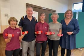 From left to right: Julie Pearson (who helps at the Marie’s Active Movers class and worked at Dewsbury Sports Centre for 24 years); Colman Coyne (of Jetset Not Just Travel); Marie Coyne (who runs Marie’s Active Movers); Joyce Walker, 81, who attends the classes; and Rachael Coyne of Jetset Not Just Travel.