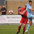 Joe Walton battles for the ball with James Williamson in Liversedge's game at Bridlington Town. Photo by Dom Taylor