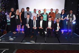 West Yorkshire Apprenticeship Awards 2022, at Valley Parade, Bradford with all the winners on stage (photo: Gerard Binks)
