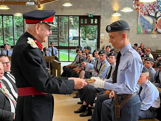 Deputy Lieutenant presents the Best Cadet trophy to Blake Hepworth.