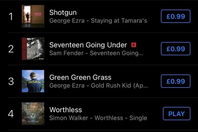 The iTunes charts on Monday, June 19, with Simon Walker, from Dewsbury, reaching number four. Only George Ezra and Sam Fender were above him.