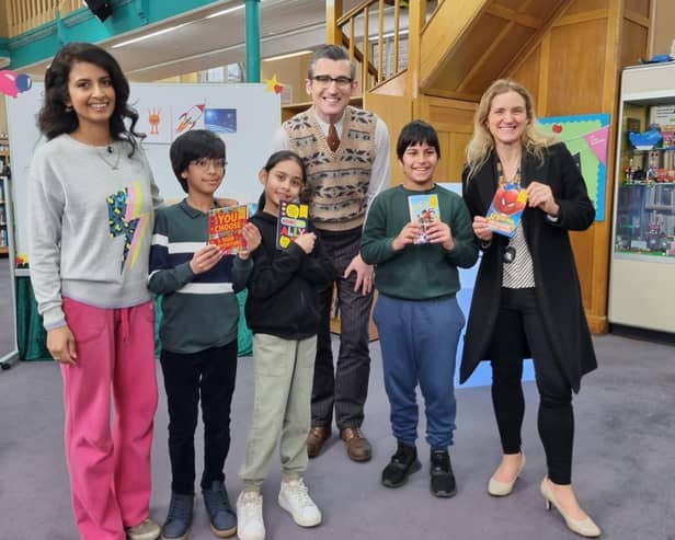 Batley and Spen MP Kim Leadbeater with BBC presenters Konnie Huq and Ben Shires and pupils from Hyrstmount Junior School.