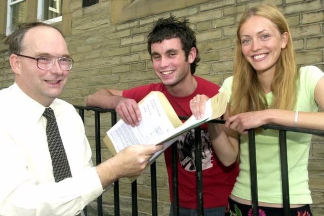 John Burns and Claire Green discuss their A level results with Mark Tweedle, the Head teacher at Heckmondwike Grammar School in 2002.