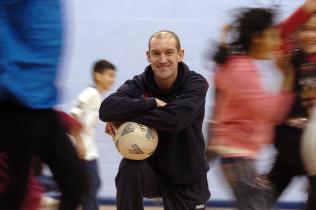 Huddersfield Town ambassador Andy Booth at a multi-sports session at Westmoor Junior School, Dewsbury Moor, in February 2010
