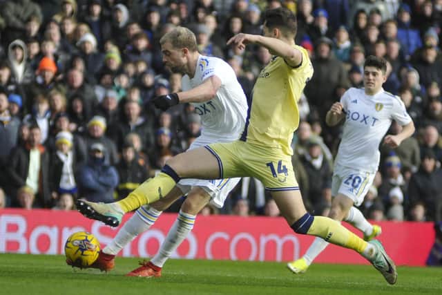 Leeds United striker Patrick Bamford fires in a shot.
