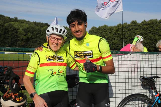 The eldest and youngest riders of The Jo Cox Way event - Kath Lyons, left, and Yaseen Fadal from Batley. (Photo credot: Steve Fox)