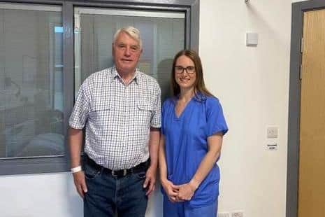 Dr Steven Everson, first patient to be treated by the robot and Miss Hannah Welbourn, Colorectal Consultant.