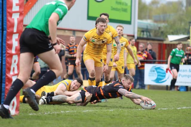 One of 14 tries scored by the Rams in their 78-10 win over Cornwall.