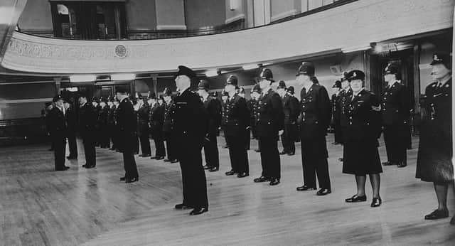 This picture shows the old Dewsbury borough police force on parade in Dewsbury Town Hall, possibly taken in the 1970s when police forces like Dewsbury were being merged into larger police authorities.