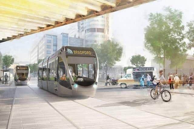 An artists impression of light rail trams trains network public transport system for the West Yorkshire mass transit scheme across the county
