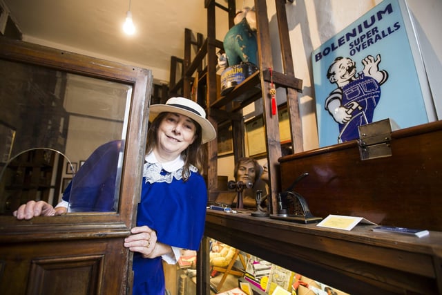 Sue Baker in the museum at Greenwood's, the oldest shop in Dewsbury