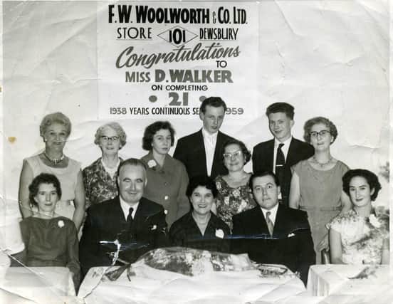 This delightful photograph will bring back many happy memories for people who worked at Woolworth's in Dewsbury, or who shopped there. It was kindly loaned by  Trevor Hirst, whose late wife, Margaret, pictured third on the back row, was a supervisor there. The picture speaks for itself. It was taken to mark Miss D Walker's 21 years service at the store. This was in the days when long service was recognised, and appreciated, and gifts were presented to them, and parties given in their honour.