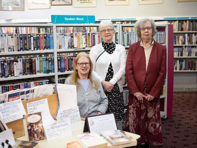 Barbara Schiff, Lesley and Christine Reeves at Mirfield Library's 75th nnniversary celebrations.