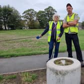 Chair of Staincliffe Park Volunteers Stevan Morton (right), with treasurer Pat, at the park following the theft of six treasured heritage plaques.