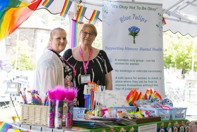 Hayley Heaviside, left, and Sally Gowen from Blue Tulips at the Dewsbury Pride event.