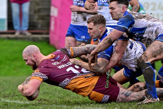 Lucas Walshaw goes over for Batley's fifth of nine tries in the 48-18 win.