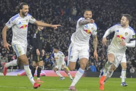 Lukas Nmecha leads the celebrations after scoring the winning goal for Leeds United against Fulham.