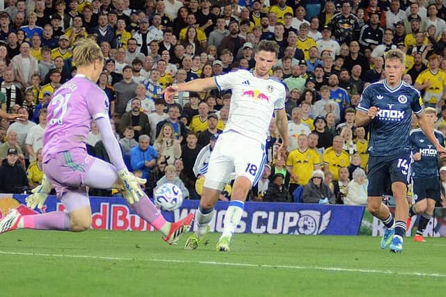 Anton Stach is denied by Newcastle goalkeeper Lukas Hornicek during Leeds United's 4-1 victory.