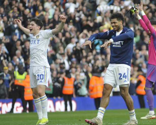 Goal scorer Dan James and Georginio Ruttter lead the Leeds United celebrations after their 2-0 win over Millwall.
