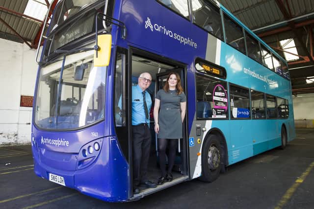 Tony Dickens, who has been driving buses for 55 years, with Operations Manager Xanti Harrod, at the Arriva bus depot in Heckmondwike.