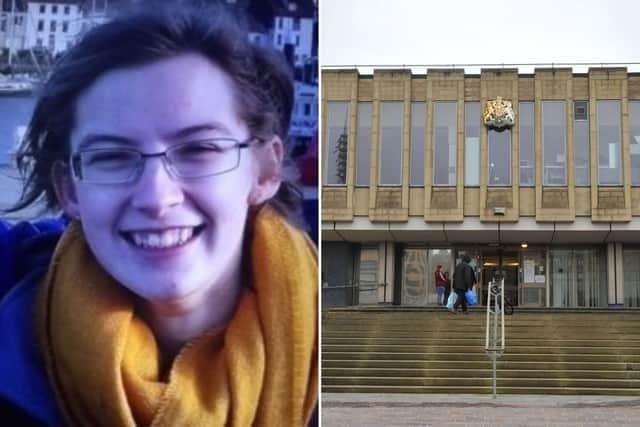 Leeds student Bethany Fields, 21, was killed by Paul Crowther in Huddersfield town centre in 2019. Pictured right, Bradford Coroners Court where her inquest was held.