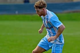 Kelan Swales was on target with a header for Liversedge but ended on the losing side against Bradford (Park Avenue). Picture: Paul Butterfield