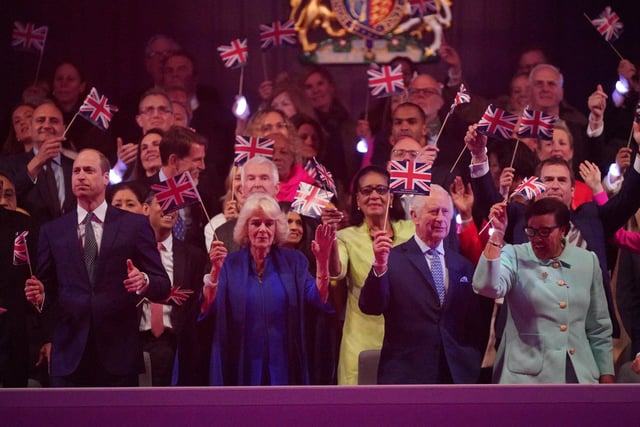 Prince William, Prince of Wales, Queen Camilla, King Charles III and Patricia Scotland, Baroness Scotland, in the Royal Box at the Coronation Concert (Photo by Yui Mok - WPA Pool/Getty Images)