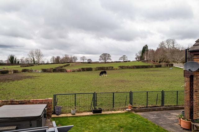 Horses graze in the fields beyond the garden.