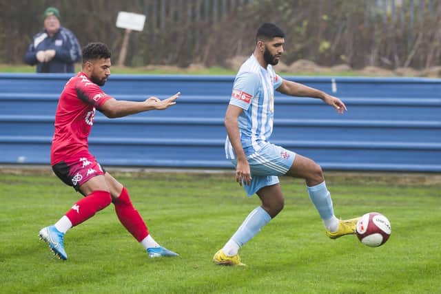Shiraz Khan on the ball for Liversedge in the FA Trophy tie against Tamworth. Picture: Jim Fitton