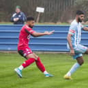 Shiraz Khan controls the ball to take possession for Liversedge against Tamworth in their Isuzu FA Trophy tie at Clayborn. Picture: Jim Fitton
