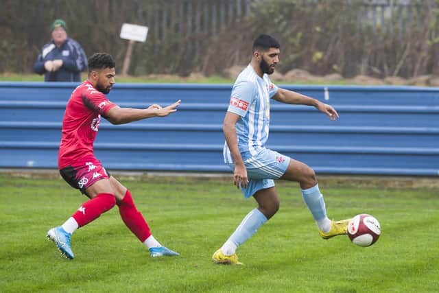 Shiraz Khan controls the ball to take possession for Liversedge against Tamworth in their Isuzu FA Trophy tie at Clayborn. Picture: Jim Fitton
