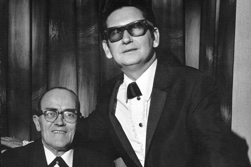 Roy Orbison with stage manager Bill Fell at Batley Variety Club.