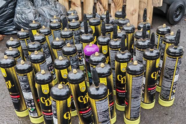 Fifty-nine nitrous oxide cannisters worth over £1,000 were recovered from the premises.