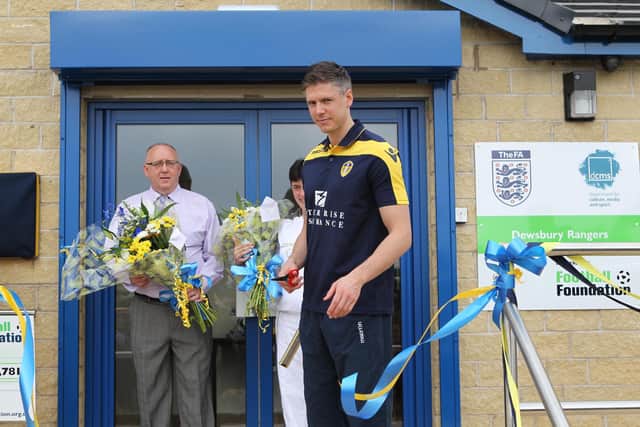 Leigh Bromby cuts the tape to open the new facility at Dewsbury Rangers back in 2012. The club has now recently received £18,445 for a grass pitch and artificial grass pitch maintenance equipment as part of Government funding.