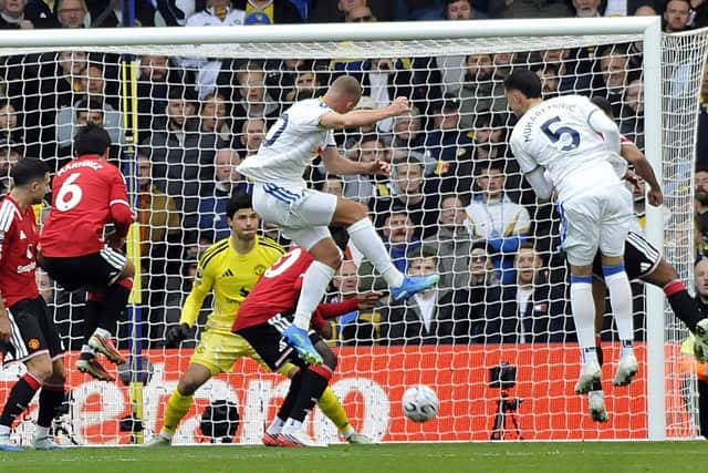 Nico Elvedi gets a header in on goal in Leeds United's game against Manchester United.