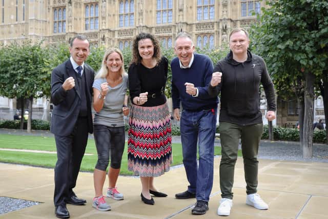 Raring to go: Ready for the parliamentary fitness challenge are, from the left, Alun Cairns MP, Kim Leadbeater MP, Wendy Chamberlain MP, Nick Smith MP and Huw Edwards.