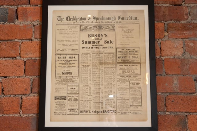 A framed copy of the Cleckheaton and Spenborough Guardian from 1905 in Bosco's of Birkenshaw in Cleckheaton.