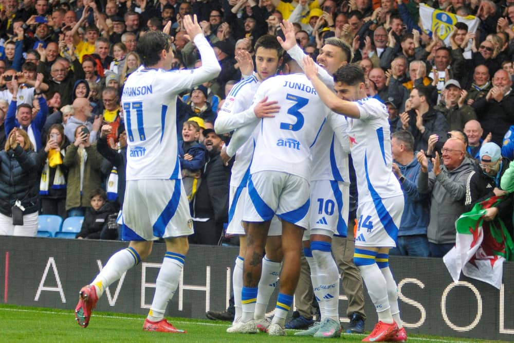 Leeds United players celebrate during their 6-0 win over Stoke City.