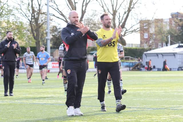 Liam Finn, left, has said his Dewsbury Rams side were the ‘architects of our own downfall’ in their first defeat of 2023 yesterday, as Championship outfit London Broncos progressed to the last-16 of the Challenge Cup. (Photo credit: Thomas Fynn)